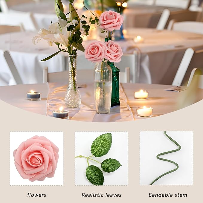 200PCS Artificial Flowers Pink Roses Real Looking Foam Fake Roses with Leaves for DIY Wedding Bouquets Bridal Shower Party Decorations (Pink, 200)