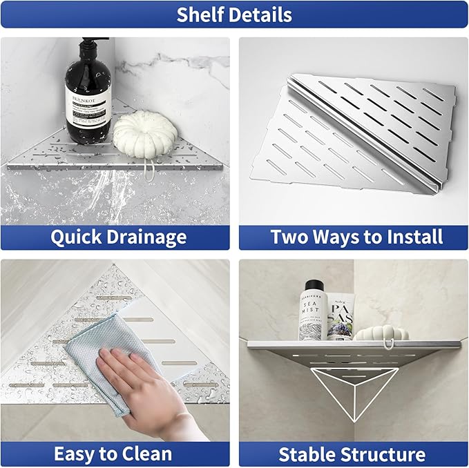 Corner Shower Shelf 10" Brushed 304 Stainless Steel Slot Design Recessed Corner Shelf Bathroom Shelf Rack for Tiled Wall