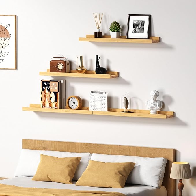 Picture Ledge Shelf, 24 inch Solid Pine Wood Floating Shelves, Floating Book Shelves for Living Room Bedroom Kitchen Decor, Natural Unfinished, No Stain, DIY, Set of 4(Maple Wood, 4Pack 24inch)