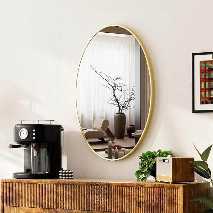 Gold Oval Bathroom Mirror, 20 x 28 inch Modern Oval Wall Mounted Vanity Mirror with Tempered Glass Hanging Horizontally or Vertically, Gold
