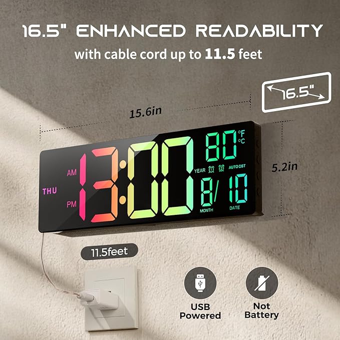 16.5" Large Digital Wall Clock with Remote Control, RGB Atmosphere Lights with 11 Scenes Mode, Dual Alarms with Big LED Display, Auto DST, Temperature for Living Room Gaming