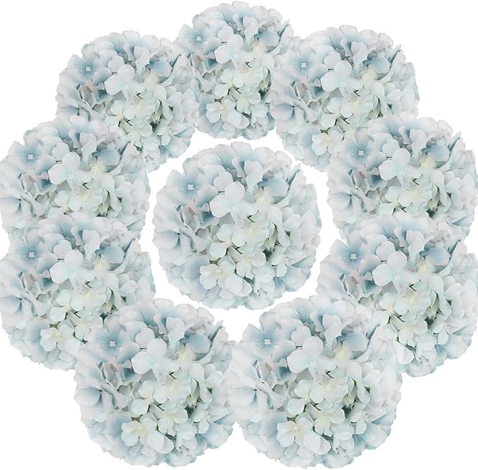 Flojery Silk Hydrangea Heads Artificial Flowers Heads with Stems for Home Wedding Decor,Pack of 10 (Lake Blue)