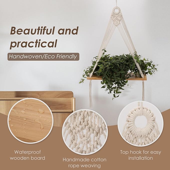 Macrame Wall Hanging Shelf Set of 2,Boho Wooden Display Floating Shelves for Wall Decor with Handmade Woven Rope,Farmhouse Rustic Plant Shelf for Bedroom Dorm Nursery Living Room Bathroom