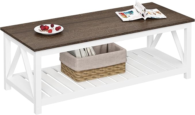 ChooChoo Farmhouse Coffee Table, Rustic Vintage Living Room Table with Shelf, 47 White