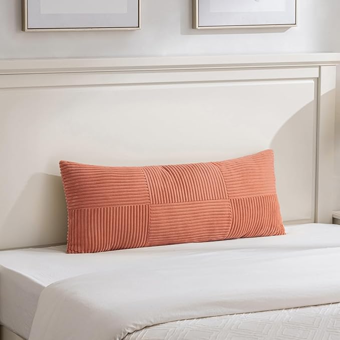 Fancy Homi Set of 2 Coral Boho Long Lumbar Body Decorative Throw Pillow Cover 14x36 Inch for Bed Couch Bedroom Bench, Soft Patchwork Corduroy Textured Pillow Case, Rustic Farmhouse Room Décor