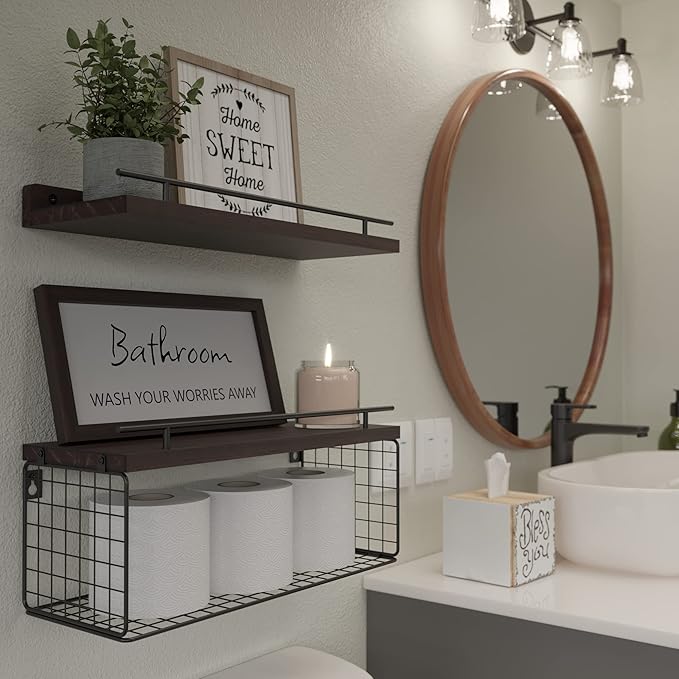 WOPITUES Floating Shelves for Bathroom Wall Decor Sign, Bathroom Organizers and Storage, Bathroom Shelves Over Toilet with Metal Guardrail-Rustic Brown