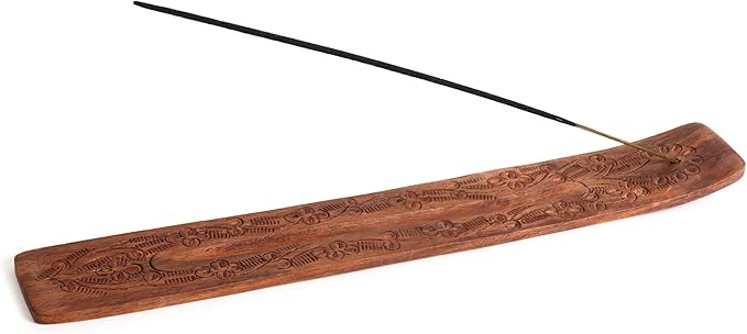 Incense Garden Wood Incense Holder - Carved Wooden Ash Catcher - Hand Stained - 10 inches Long (Brown)