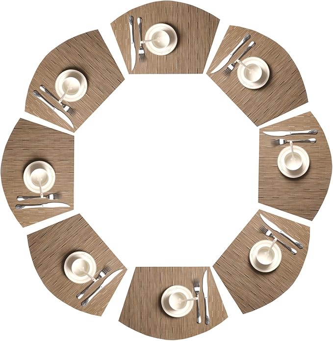 SHACOS Round Table Placemats Wedge Placemats Set of 8 Woven Vinyl Curved Table Mats Washable Indoor Outdoor (8, Tan)