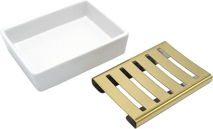 Lofekea Ceramic Soap Dish Gold Stainless Steel Soap Holder for Shower and Bathroom Double Layer Draining Soap Box