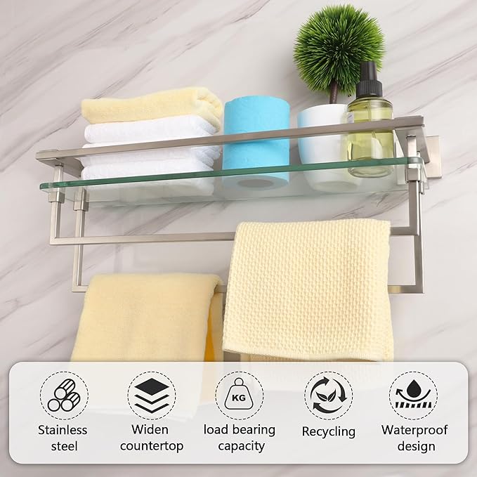 Bathroom Shelves Glass Shelf with Bar 20 Inch Floating Tempered Glass Shelf with 2 Towel Rails for Modern Shower Bath Storage Glass Rack Wall Mounted Stainless Steel Brushed Nickel,A7617BN