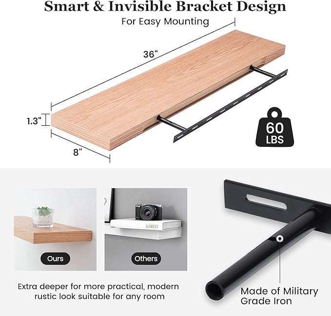 Floating Shelves 36 x 8 Inch, Rustic Wood Floating Shelves for Home Decor, 8 Inch Deep Wall Shelves for Storage & Display, 8 Deep Floating Shelf for Living Room, Bedroom, Kitchen, Natural Oak Color