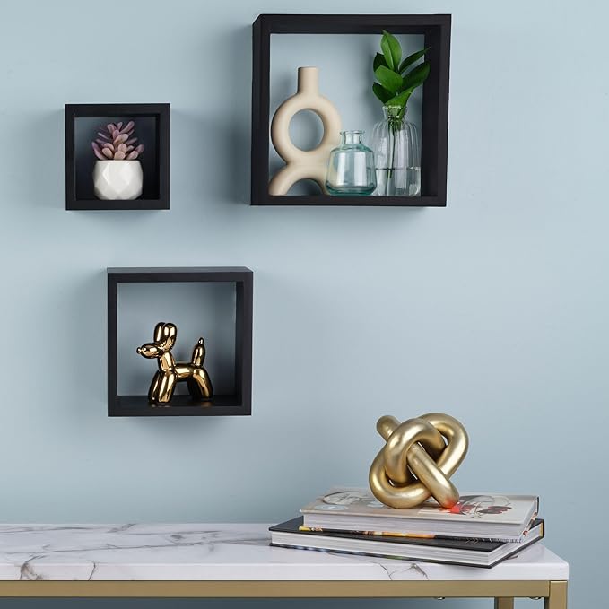 MELANNCO Floating Wall Square Cube Shelves for Bedroom, Living Room, Bathroom, Kitchen - Wood, Set of 3, Black, 5007043