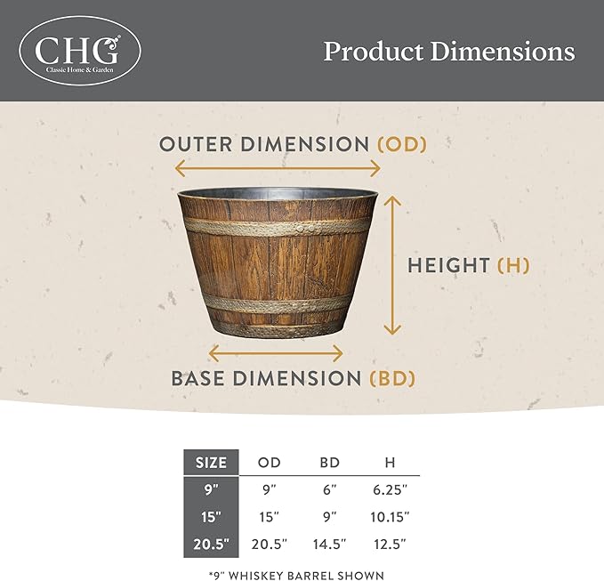 Classic Home & Garden Whiskey Barrel Planters - Wood Finish Flower Planter Pot - Stylish Garden Pots - Indoor & Outdoor Resin Planters - Weather-Resistant Planting Pot (20.5" Kentucky Walnut, 1- Pack)