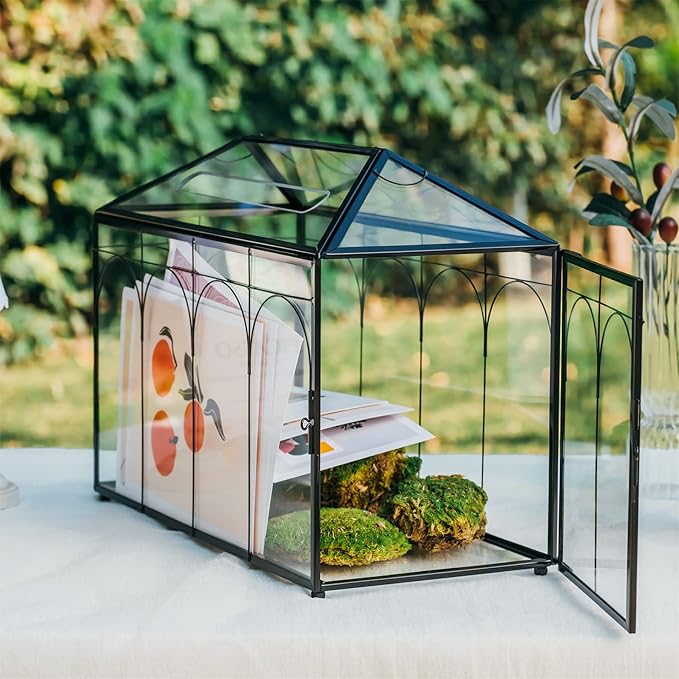 NCYP Wedding Glass Cards Box with Slot and Lock - 12.6" x 5.9" x 9" Vintage Indoor Tabletop Geometric Terrarium, Black Card Holder for Reception, Wishwell, Party Decor (Glass Box Only)