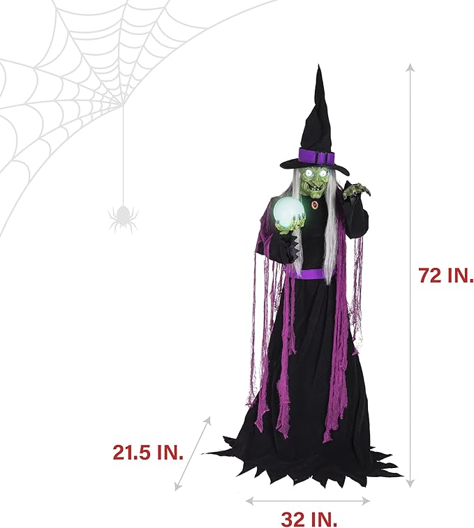 Haunted Hill Farm 6-Ft. Tall Fortune Teller Witch, Plug-in Motion-Activated Talking Scare Prop Halloween Animatronic for Indoor or Covered Outdoor Creepy Decorations