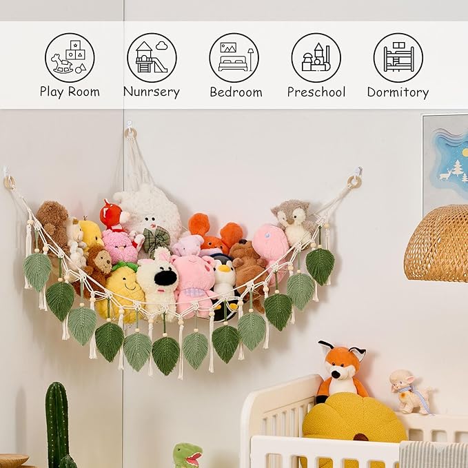 Pretty Jolly Macrame Leaf Wall Hanging Storage Hammock, 59" Boho Corner Organizer with Tassels, Stuffed Animal Plush Holder for Kids Room Nursery Decor (Avocado Green & Sage Green)