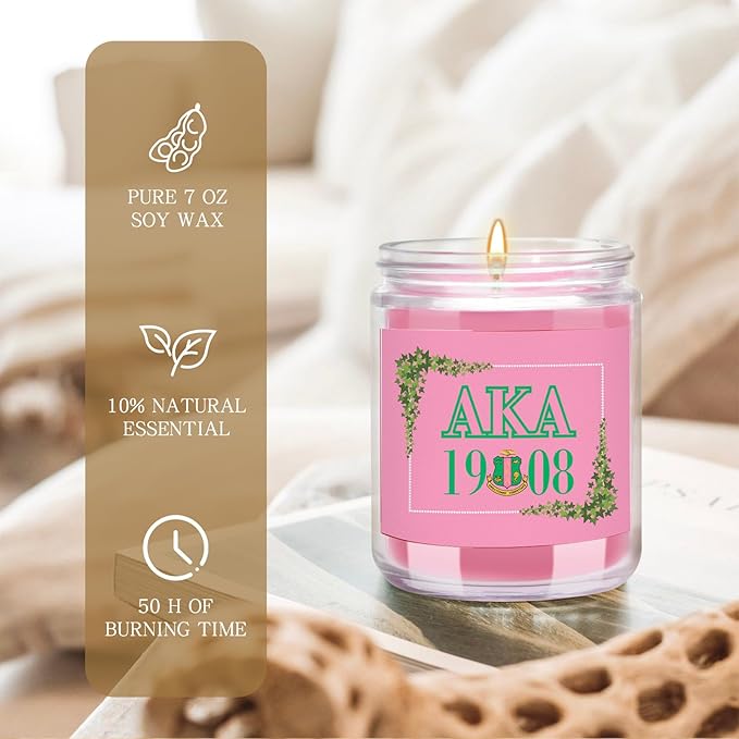 AKA Sorority Gifts,Pink and Green 7oz Scented Candle Sorority Paraphernalia Gifts for Sister Friend,Sorority Scented Home Decor Gift (aka-Leaf)