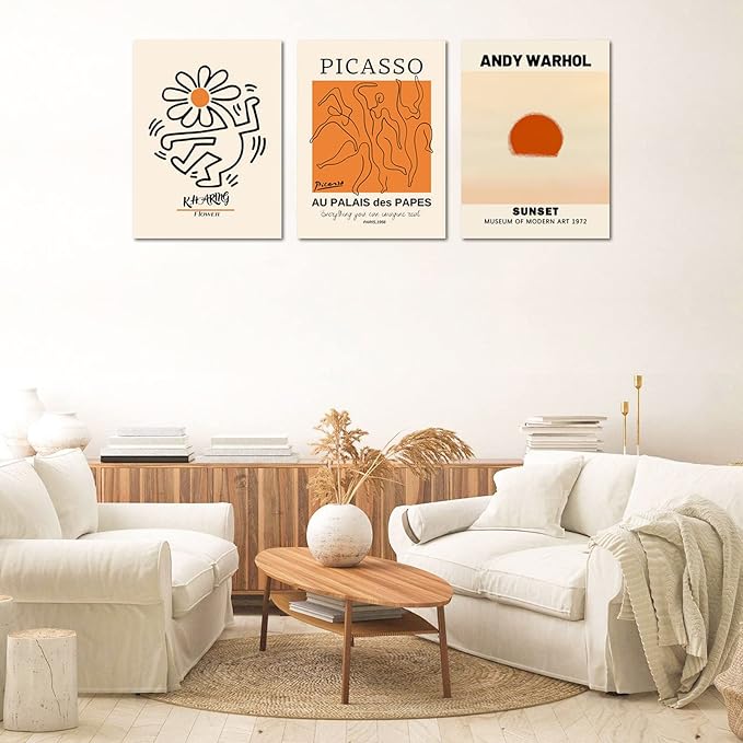Abstract Wall Art Prints Set of 3, Framed Canvas Wall Art Geometric Line Sunset Artwork Paintings, Minimalist Wall Art for Living Room, Modern Wall Art Decor for Bathroom, Bedroom, Hotel, Office