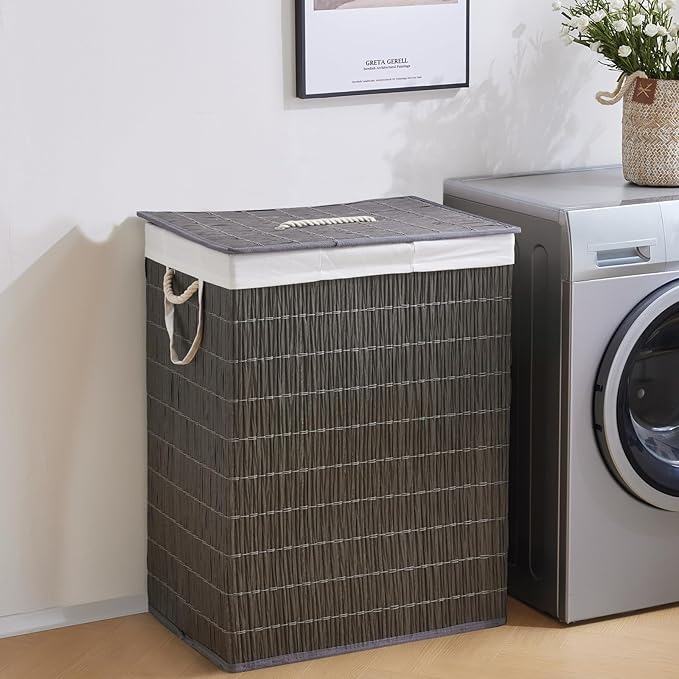 Laundry Hamper with Lid, 55.5 Gallon (210L), Large Handwoven Rattan Laundry Basket, 3 Section Clothes Hamper with Handles, 2 Removable Liner and Side Pocket, Grey