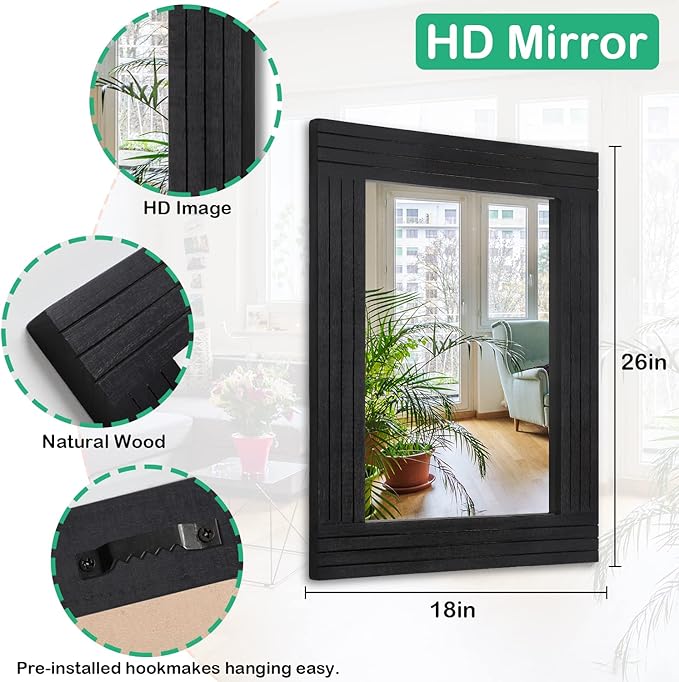 Black Wall Mirror Rectangular Vintage Rustic Wood Framed Large Mirror Deco Farmhouse Living Room Bathroom Bedroom Entrance Mirror 26" x 18"