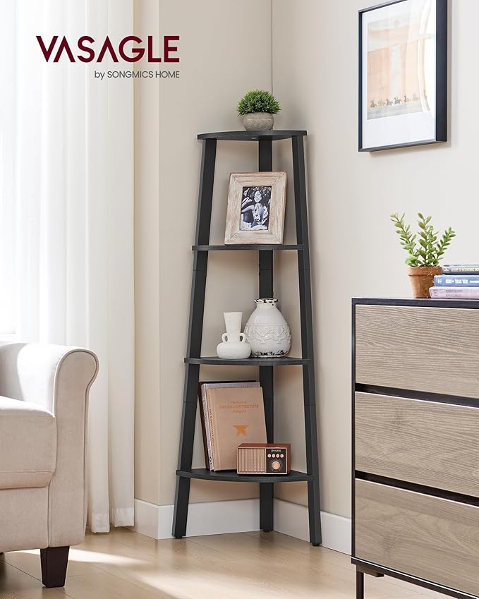 VASAGLE Corner Shelf Stand, 4-Tier Corner Bookshelf, Industrial Ladder Shelf, Plant Stand for Living Room, Office, Kitchen, Charcoal Gray and Matte Black ULLS034B22