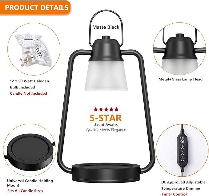 MAOYUE Candle Warmer Lamp Dimmable Timer, Electric Wax Warmer Lamp for Jar Candles, Vintage Candle Lamp Warmer with 2 Bulbs, House Warming Gifts New Home Decor, Birthday Gifts for Women Mom Black