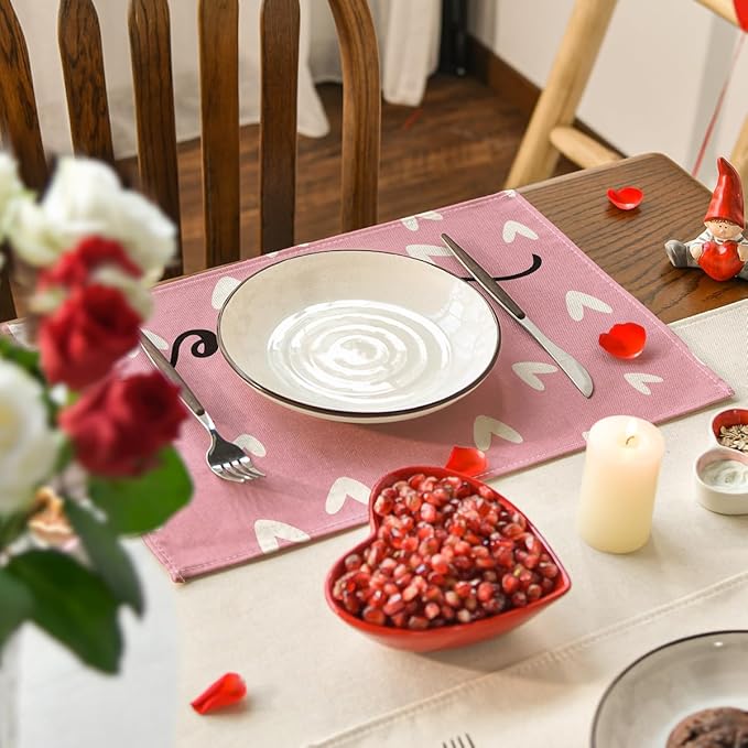 Artoid Mode Pink Love Hearts Placemats Set of 4, 12x18 Inch Seasonal Table Mats for Party Kitchen Dining Decoration