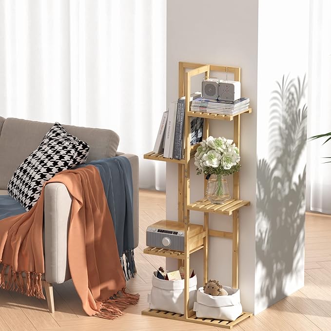 Laiensia Bamboo 5 Tier 6 Potted Plant Stand Rack Multiple Flower Pot Holder Shelf, Indoor&Outdoor Planter Display Shelves for Patio Garden, Living Room, Corner Balcony and Bedroom,Wood Color