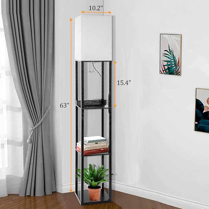 Dott Arts Floor Lamp with Shelves, Shelf Lamp with Wireless Charger & USB A+C Ports & 2 AC Outlets,3 Color Temperature Corner Tall Standing Floor Lamps for Living Room, Bedroom, Office (Black)