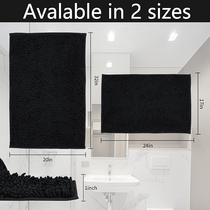 ZiYiJuan Bathroom Rugs, Super Absorbent Luxury Shaggy Chenille Bath Mats, Durable Black 17x24_20x32