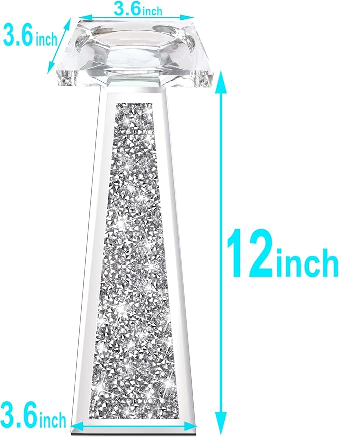 Wocred 2 Piece Candlestick Holders for Holding Pillar Candles, Crystal Crushed Diamond Candle Holders Set Decor for Dinning Room, Silver Glass Votive Candle Holders for Table Centerpiece(12”)