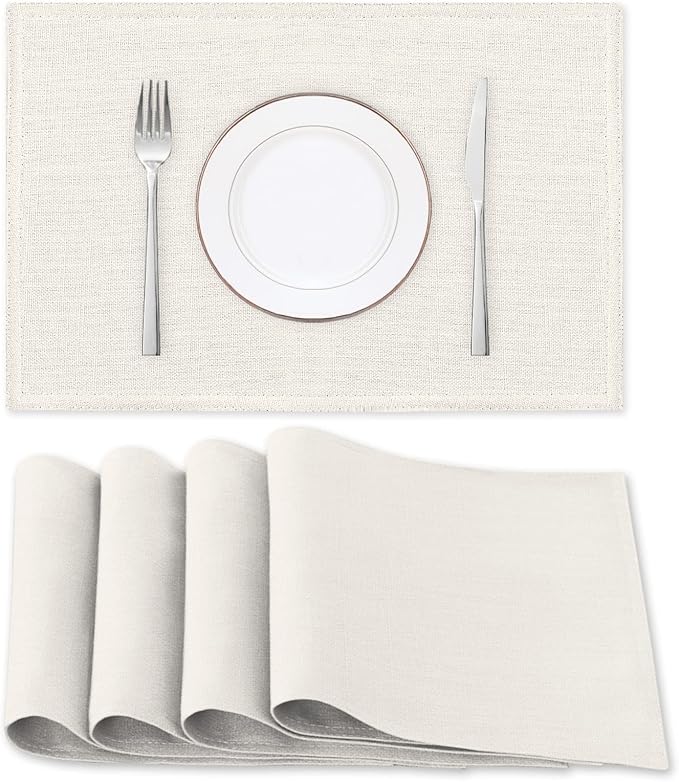 H.VERSAILTEX Linen Placemats Set of 4 Premium Solid Table Placemats for Dining Table Spill-Proof Waterproof Table Mats Heat-Resistant Kitchen Table Mats Washable, 12x18 inches, Ivory
