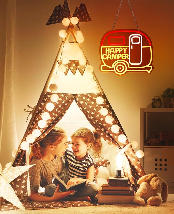 AceList Happy Camper RV Neon Signs for Wall Decor - Camper Decor with 9-Level Brightness Adjustment, USB Powered Caravans Neon Lights for Party, Birthday, Christmas and Camping Decoration