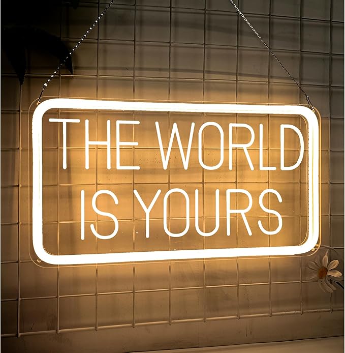 The World is Yours Neon Signs for Wall Decor 3D Carving Design Neon Sign for Bedroom. Warm White LED Neon Signs for Room, Bar, Office, Birthday Party Wedding