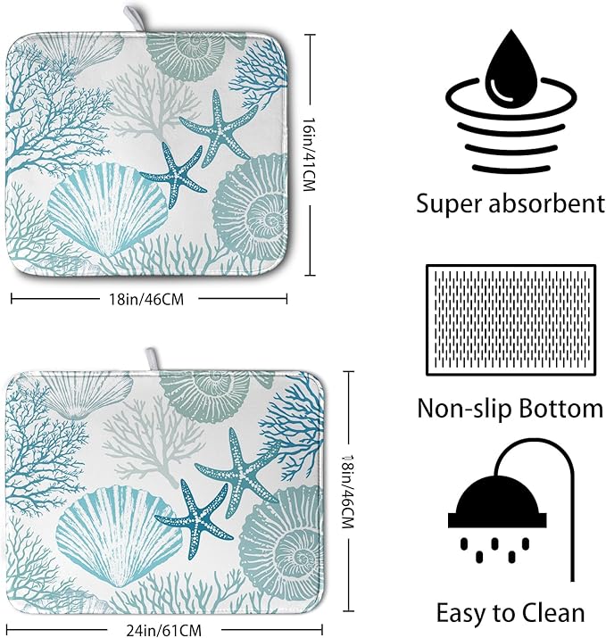 Summer Blue Dish Drying Mat for Kitchen Counter Nautical Coastal Teal Dishes Drainer Mats Beach Coral Seashell Starfish Ocean Absorbent Microfiber Dish Draining Pad 16x18 Inch