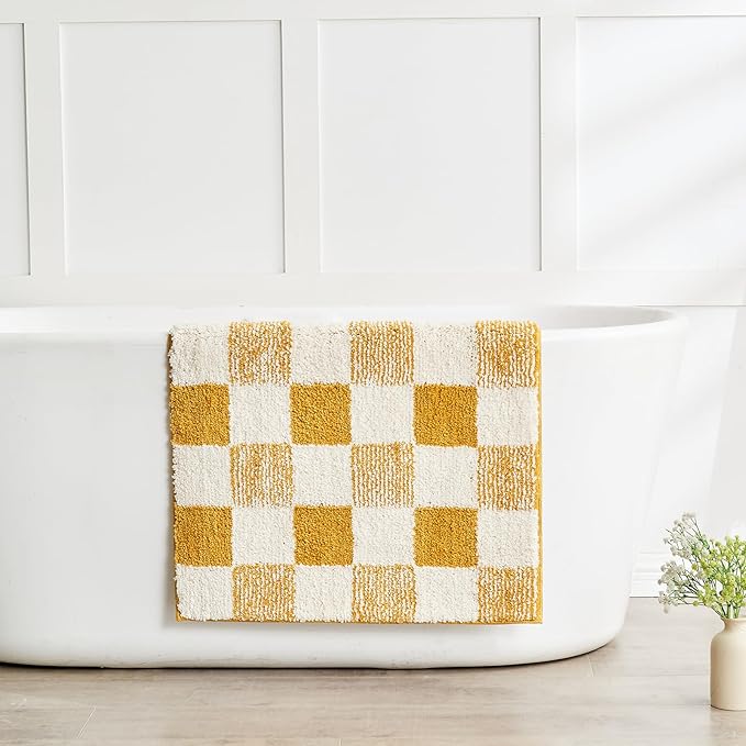 CozeCube Checkered Bath mats for Bathroom Non Slip, Fluffy Absorbent Microfiber Bath mat Washable, Aesthetic Bathroom Rugs, Cute Bath mat for Shower Sink, Harvest Gold, 32" x 20"