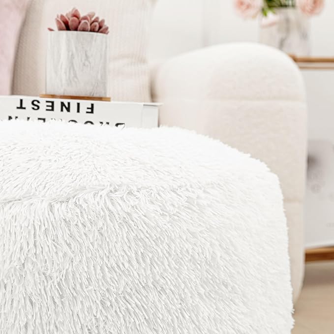 Asuprui Ottoman Pouf Unstuffed Ottoman Foot Rest 20x12 Inches Floor Pouf Round Floor Bean Bag Chair No Filler Foot Rest with Storage for Living Room Bedroom Office White Cover ONLY
