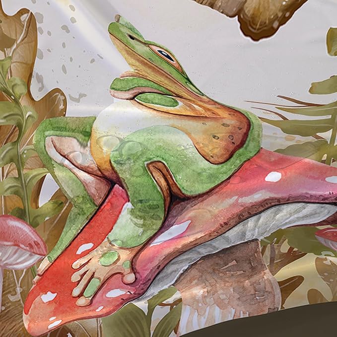 AILONEN Green Frog Mushroom Shower Curtain,Red Mushroom Waterproof Fabric Bath Curtain for Kids Girls Boys,Boho Aesthetic Minimalist Shower Curtain Set for Bathroom with Hooks,72" W*72" H