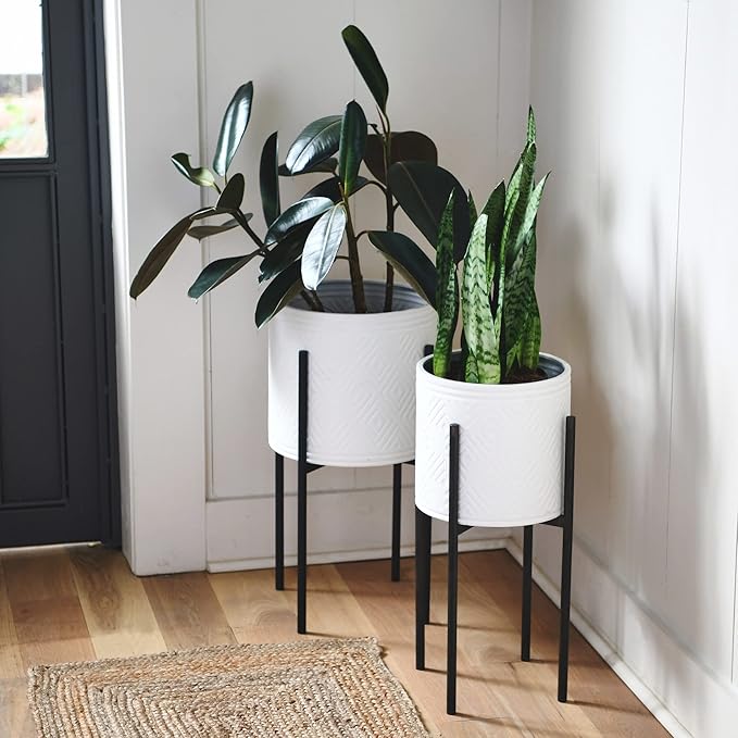 Main + Mesa Modern Boho Embossed Metal Planters with Stands, White and Black, Set of 2 Sizes