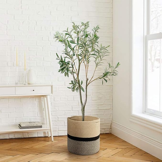 TIMEYARD Sturdy Jute Rope Plant Basket Modern Woven Basket for 11" Flower Pot Floor Indoor Planters, 12.5'' x 12.5'' Storage Organizer Baskets Rustic Home Decor, Black and Beige Stripes