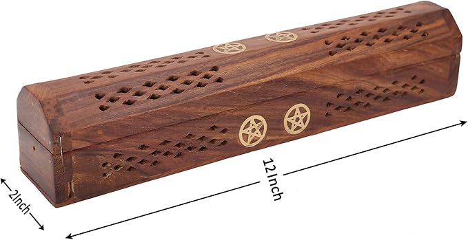 raajsee Beautiful Handmade Wooden Brown Incense Stick Holder Burner Storage Coffin Box - Ash Catcher with Brass Inlay -Home Utilities & Accessories -Meditation -Great Gift for Any Occasion 12x2 inch