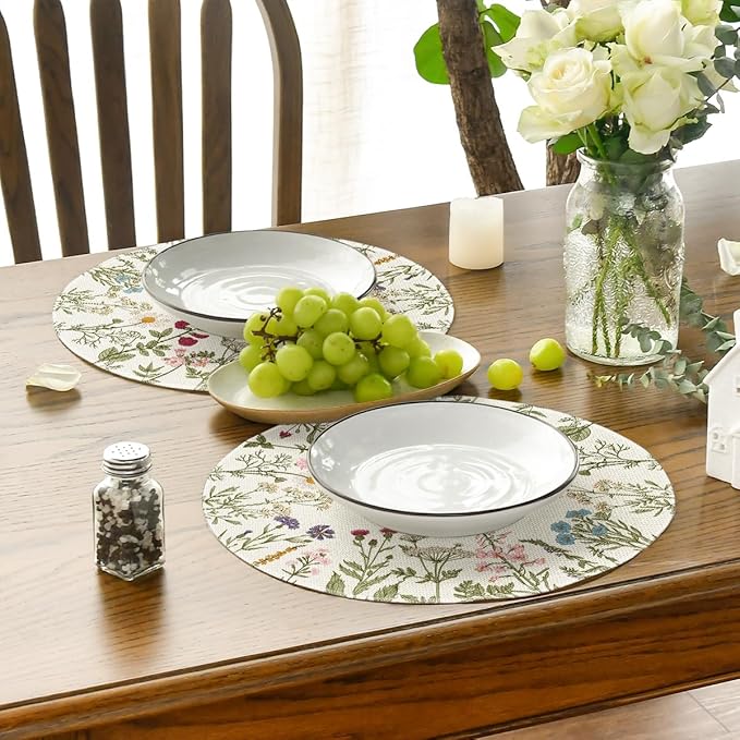 Artoid Mode Antique Herbs Wild Flowers Spring Round Placemats Set of 6, 14 Inch Summer Round Table Mats for Dining Decoration