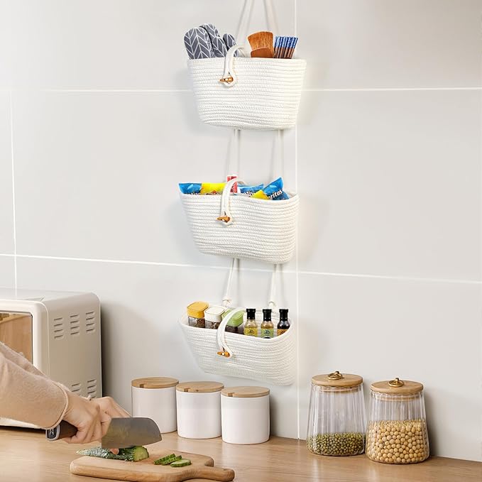 DULLEMELO Hanging Basket with Button Strap 3-Tier Woven Cotton Hanging Wall Baskets for Storage, Boho Wall Decor Hanging Storage Basket with Button Strap, White