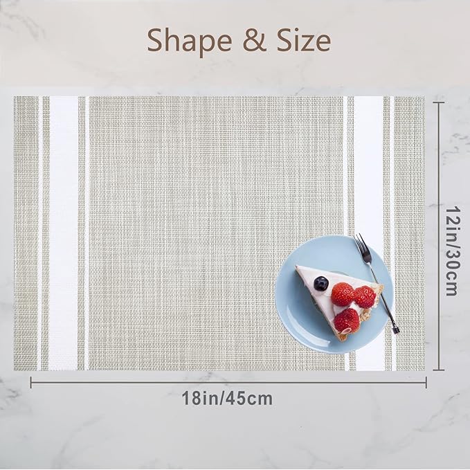 DACHUI Placemats Set of 6, Soft & Elegant Woven Vinyl Place Mats, Water Resistant, Heat Resistant, Washable, Durable Table Mats (White Stripes)