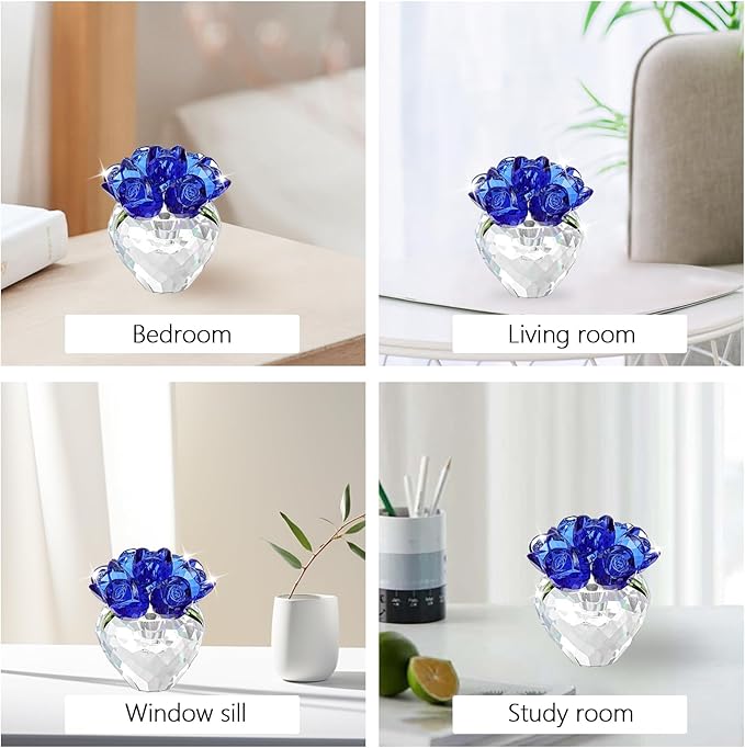 Crystal Flower Figurines - Glass Rose Home Decor - Flower Bouquet for Ladies Gifts(Blue)