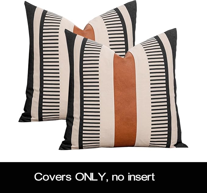 Farmhouse Stripe Pillow Cover 20x20 Boho Accent Cushion Case Faux Leather Decorative Pillowcase,Black and Beige (Cover ONLY, Pack of 2)