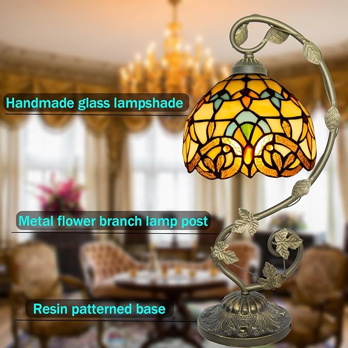 Tiffany Lamp,21x11x8 inches Stained Glass Lamp,Beige Baroque Tiffany Style Table Lamp with Three-Color Dimming for Bedside Table,Dining Table,Antique Office
