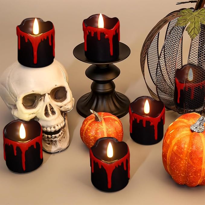 DRomance Black Flameless Votive Candles Battery Operated with Timer, 350 Hours Blood Dripping Small Real Wax Flickering LED Tea Light Candles Dinner Fall Halloween Decoration Lights(6 Pcs, 2" x 2.2")