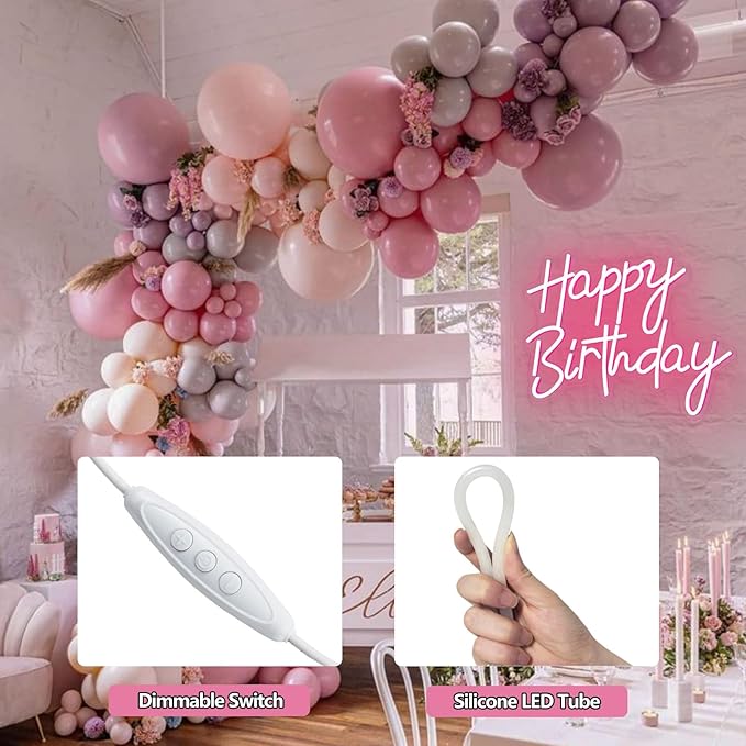 Happy Birthday Neon Sign for Wall Decor, Pink LED Neon Light Signs, Dimmable Art Decoration Happy Birthday Neon Light Sign for All Birthday Party Decoration 15.7×13 Inch