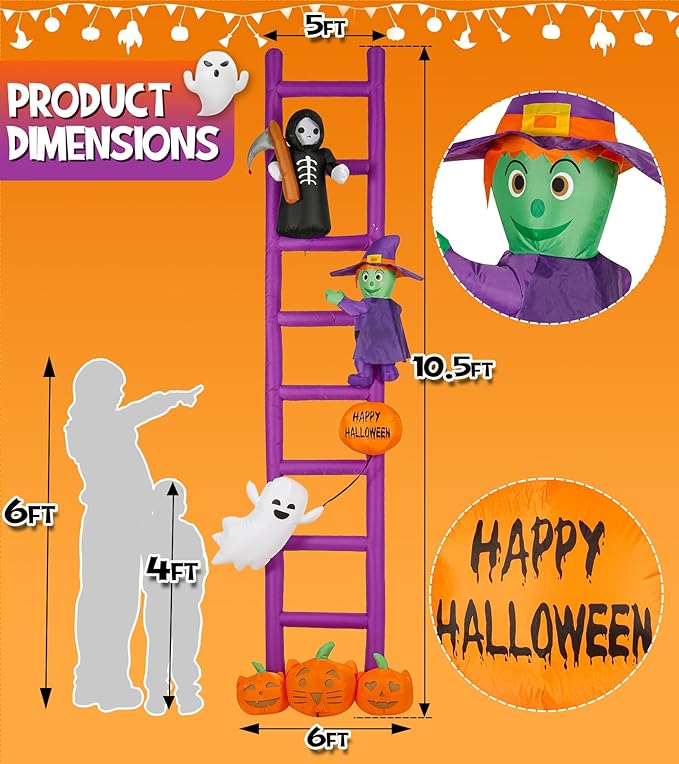 Halloween Inflatables, 10.5ft Purple Ladders Decorations, Blow Up Yard Inflatables, Pumpkin&Ghost&Witch&Skeleton, Extra Large Decorations with Built-in LEDs, for Holiday Outdoor Rooof Trees